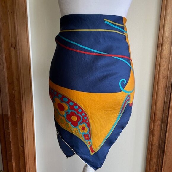 BURMEL Vintage Hand Rolled Bold Retro Print Blue Square Scarf - Picture 8 of 16